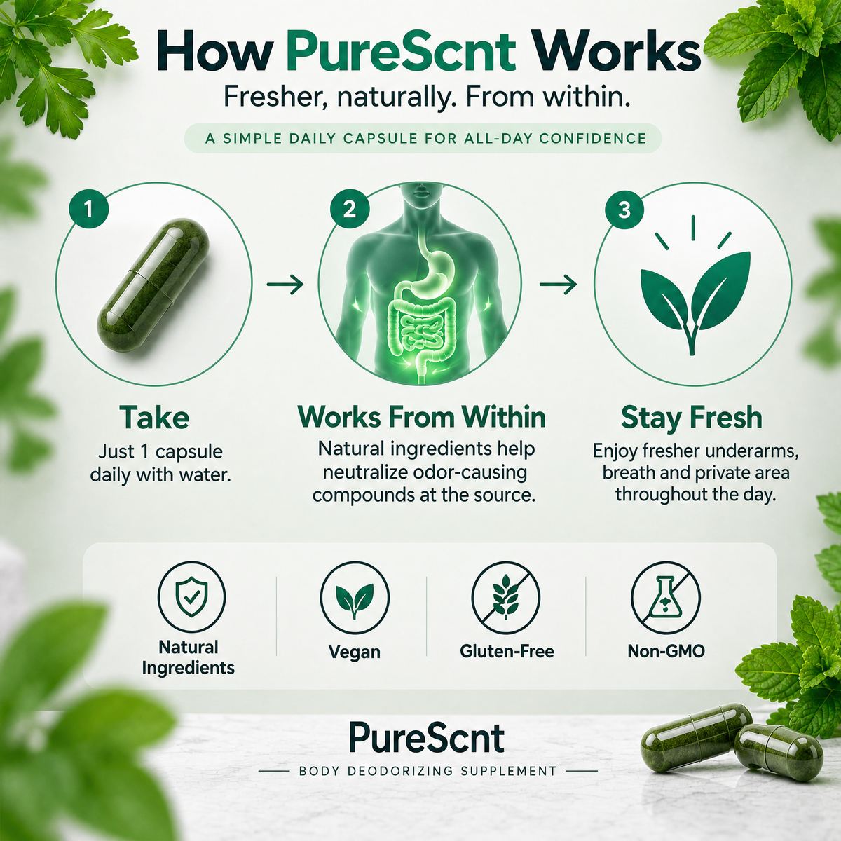 PureScnt Body Deodorizing Supplement — All Day Freshness From Within (30 capsules)